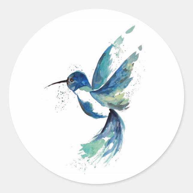 Pegatina Redonda Blue Hummingbird Watercolor (Anverso)