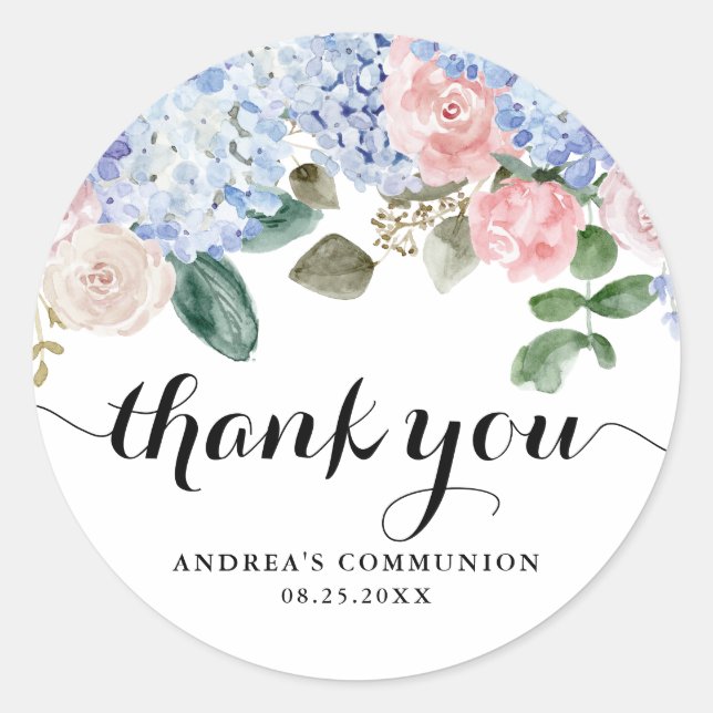 Pegatina Redonda Blue Hydrangea and Pink Rose Communition Gracias (Anverso)