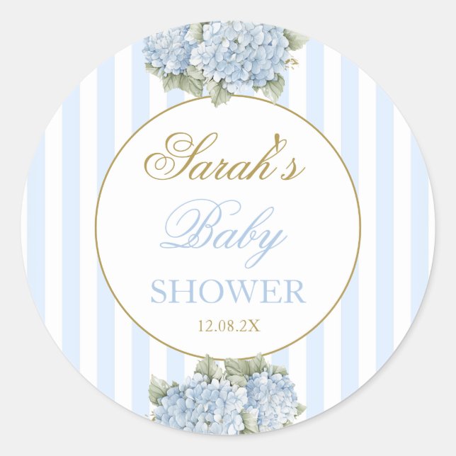 Pegatina Redonda Blue Hydrangea Baby Shower (Anverso)