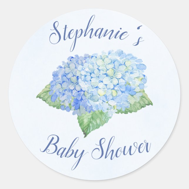 Pegatina Redonda Blue Hydrangea Baby Shower Personalizado (Anverso)