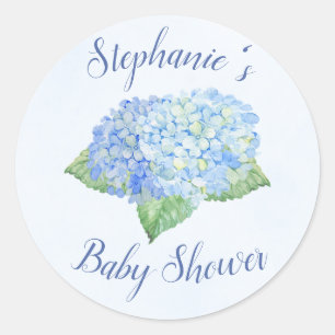 Pegatina Redonda Blue Hydrangea Baby Shower Personalizado