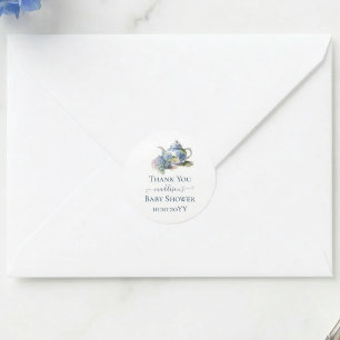 Pegatina Redonda Blue Hydrangea Baby Shower Tea Fiesta Gracias