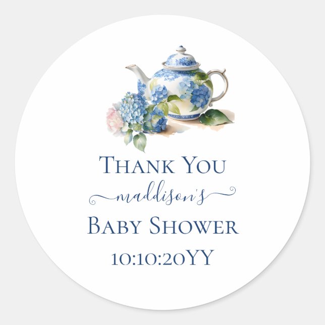 Pegatina Redonda Blue Hydrangea Baby Shower Tea Fiesta Gracias (Anverso)