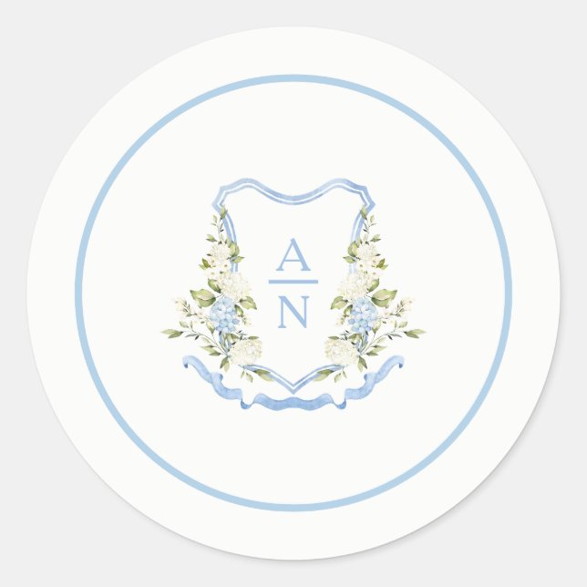 Pegatina Redonda Blue Hydrangea Crest Monogram Stickers Simple (Anverso)