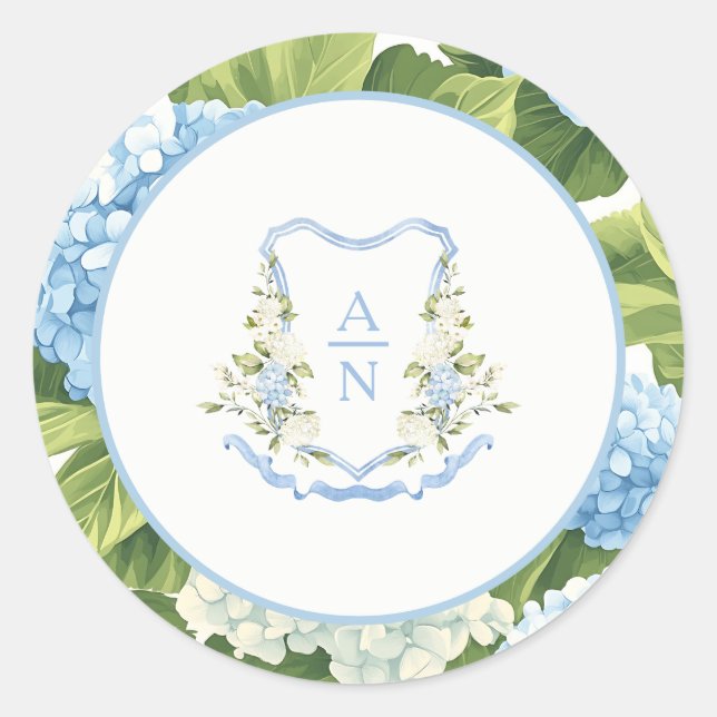 Pegatina Redonda Blue Hydrangea Crest Monogram Wedding Stickers (Anverso)