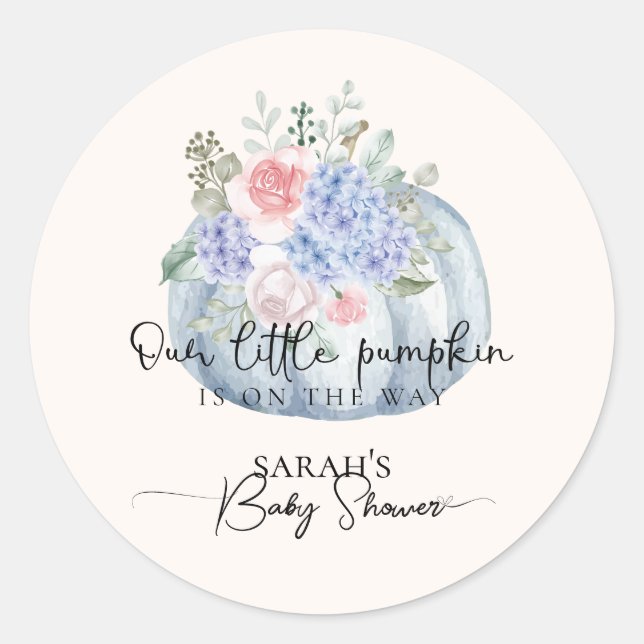 Pegatina Redonda Blue Hydrangea Flower Pumpkin Fall Baby Shower (Anverso)