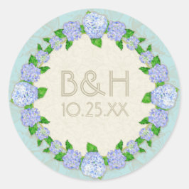 Pegatina Redonda Blue Hydrangea Lace Floral Elegante Bodas Formales