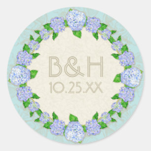 Pegatina Redonda Blue Hydrangea Lace Floral Elegante Bodas Formales