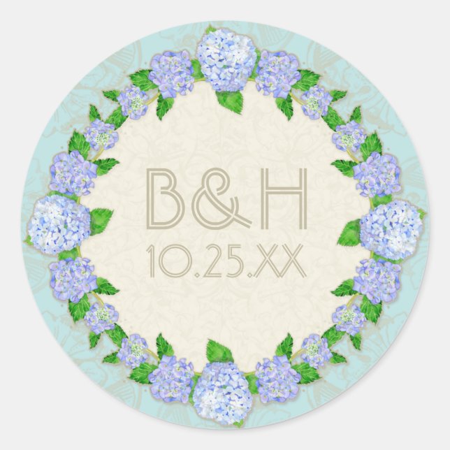 Pegatina Redonda Blue Hydrangea Lace Floral Elegante Bodas Formales (Anverso)