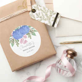 Pegatina Redonda Blue Hydrangea Modern Floral Bridal Shower