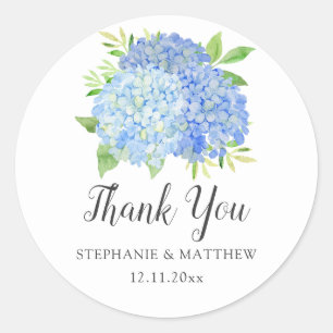Pegatina Redonda Blue Hydrangea Watercolor Floral Boda Gracias