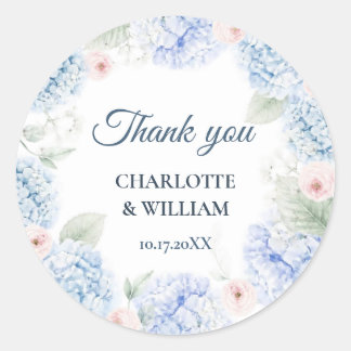 Pegatina Redonda Blue Hydrangea Watercolor Floral Thank You Sticker