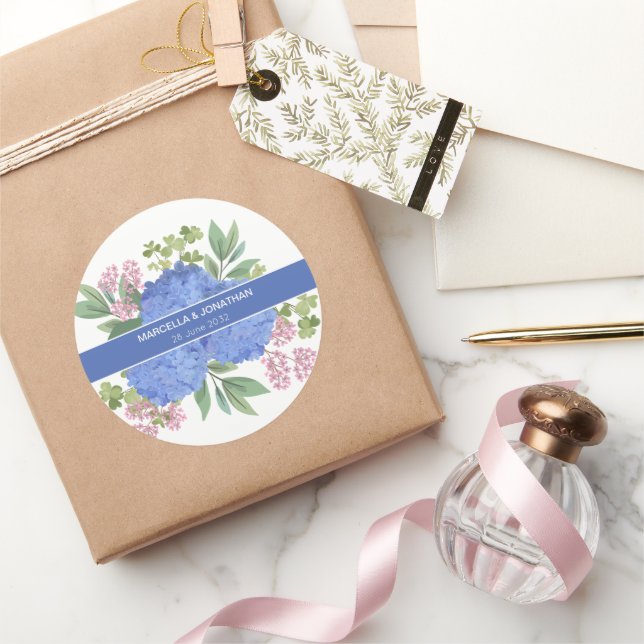 Pegatina Redonda Blue Hydrangeas Modern Bouquet Personalizado (Regalar)