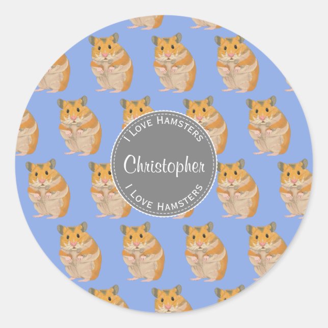 Pegatina Redonda Blue I love Hamsters Hamster Hamster Pattern (Anverso)