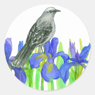 Pegatina Redonda Blue Iris Flower Gray Bird Watercolor Art