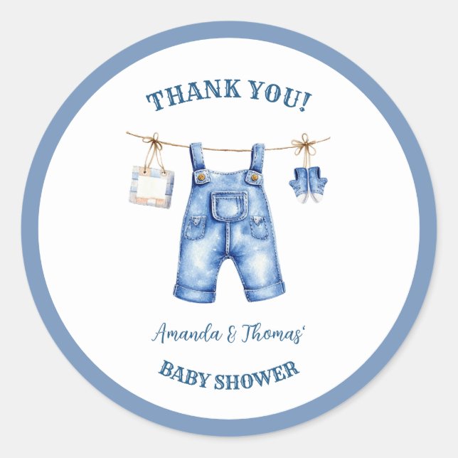 Pegatina Redonda Blue Jean Denim Baby Shower Gracias (Anverso)