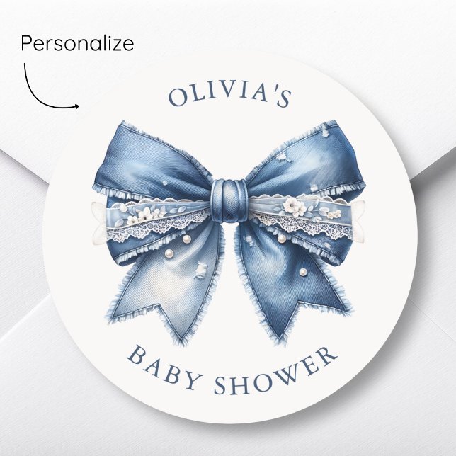 Pegatina Redonda Blue Jean Denim Bow Baby Shower (Subido por el creador)