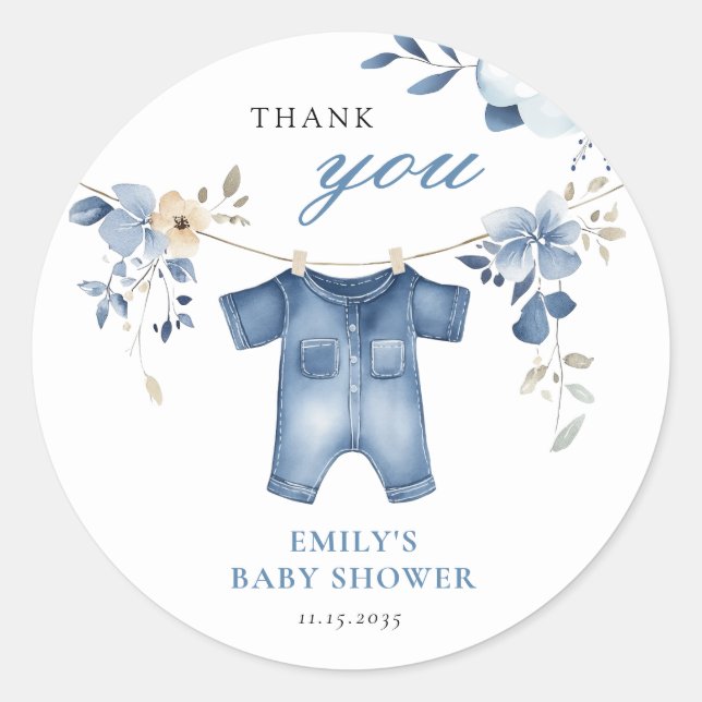 Pegatina Redonda Blue Jean Denim Sweet Boy Baby Shower (Anverso)