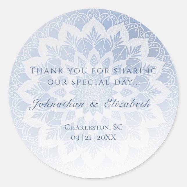 Pegatina Redonda Blue Lace Mandala Wedding Favor (Anverso)