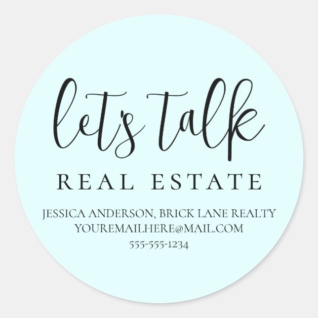 Pegatina Redonda Blue Let's Talk Real Estate Contact Info (Anverso)