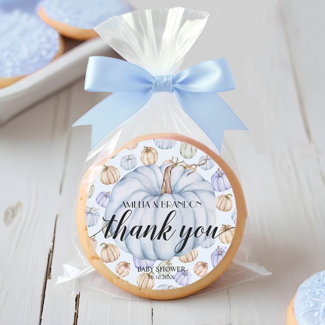 Pegatina Redonda Blue Little Pumpkin Baby Shower Gracias (Blue pumpkin boy baby Shower thank you 3 inch round stickers)
