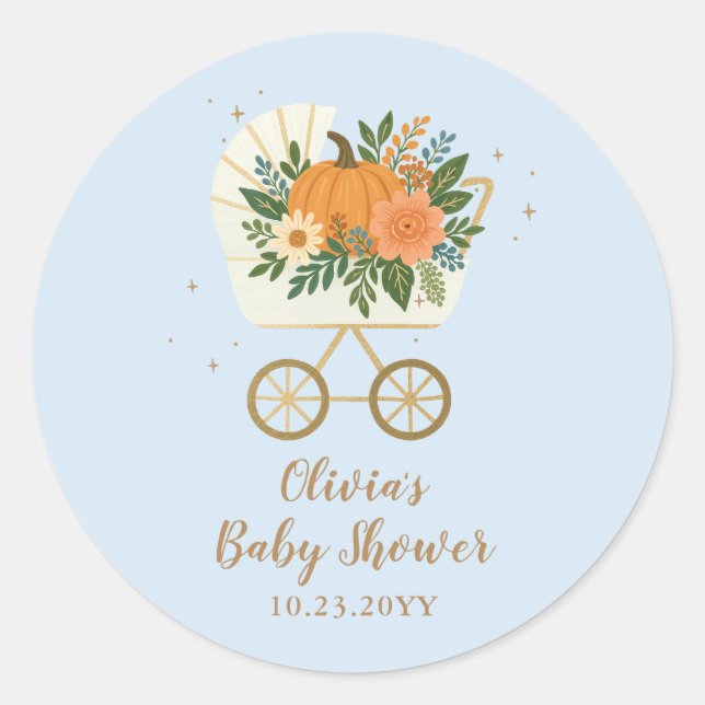 Pegatina Redonda Blue Little Pumpkin Baby Shower Round Sticker Fall (Anverso)