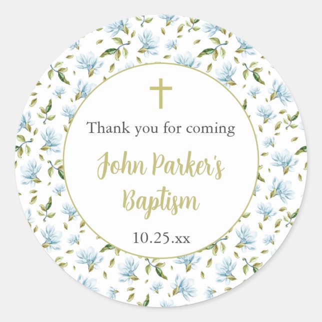 Pegatina Redonda Blue Magnolias baptism thank you sticker (Anverso)