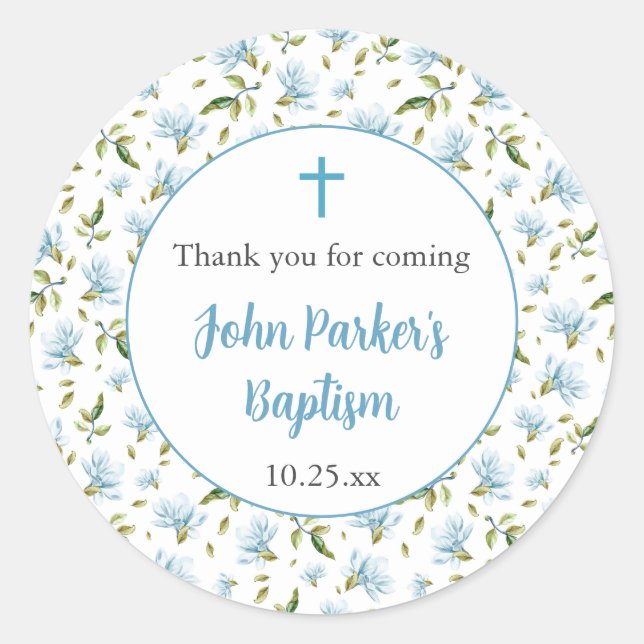 Pegatina Redonda Blue Magnolias boy baptism thank you sticker (Anverso)