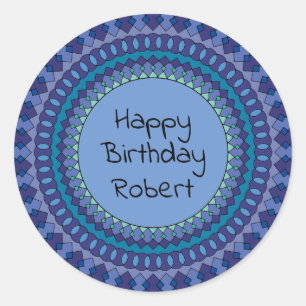Pegatina Redonda Blue Mandala Cumpleaños fiesta Añadir nombre