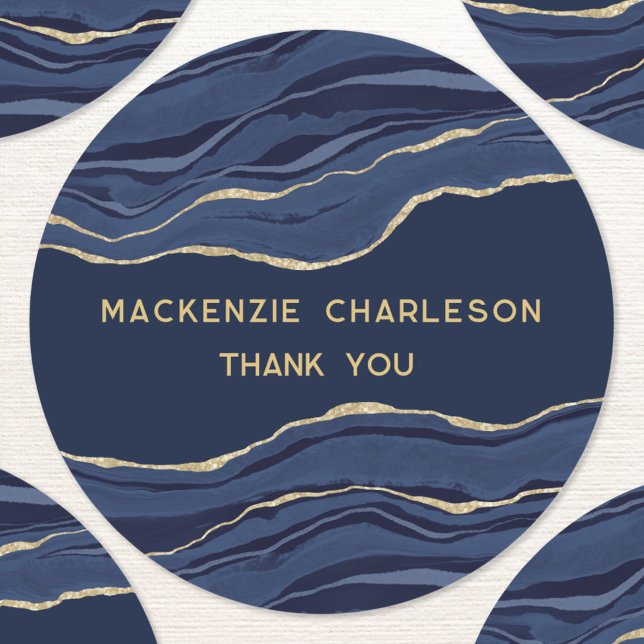 Pegatina Redonda Blue Marble Agate Gold Geode Gracias Negocios (Navy blue marble agate geode gold personalized thank you stickers)