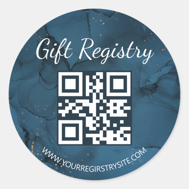Pegatina Redonda  blue marble gift registry qr code baby shower (Anverso)