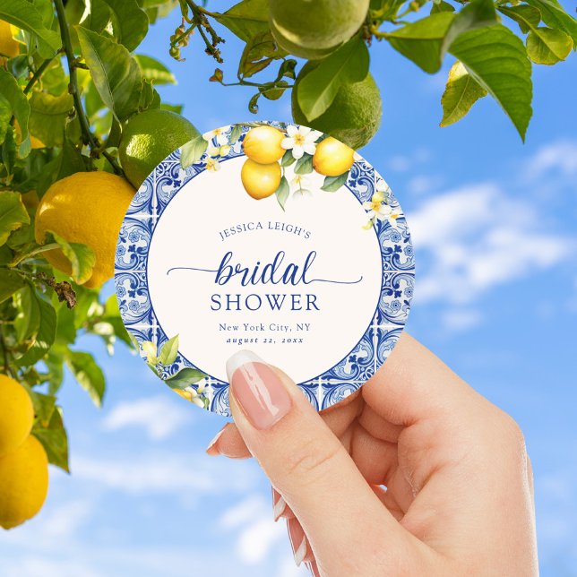 Pegatina Redonda Blue Mediterranean Lemons Bridal Shower (Subido por el creador)