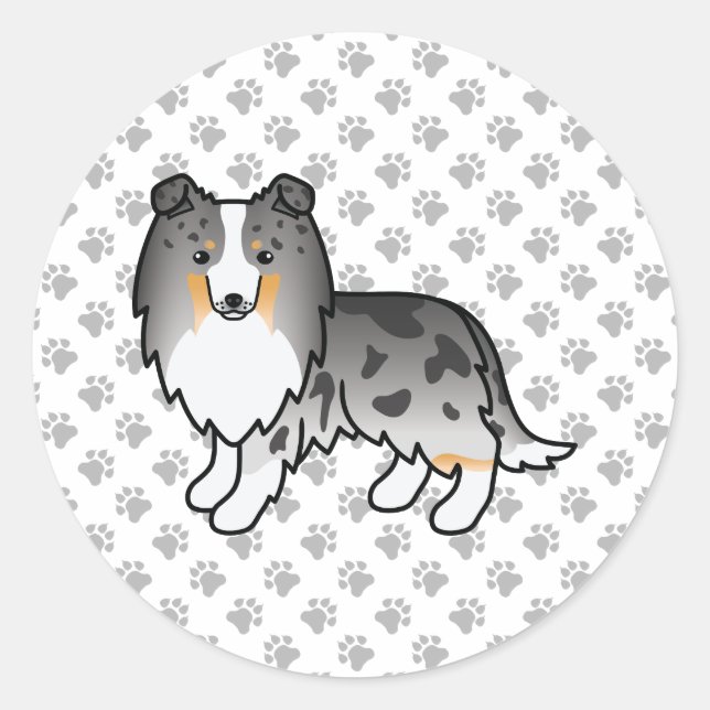 Pegatina Redonda Blue Merle Shetland Sheepdog Sheltie Cartoon Dog (Anverso)