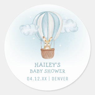 Pegatina Redonda Blue Minimalista Bunny Hot Air Balloon Baby Shower