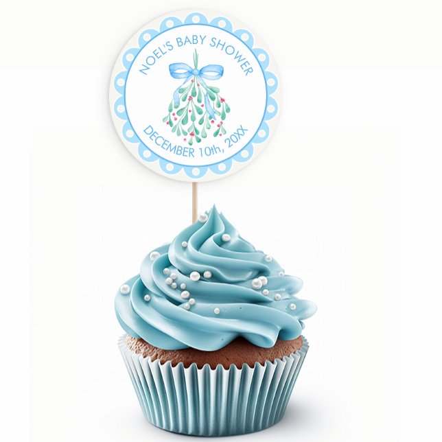 Pegatina Redonda Blue Mistletoe Winter Baby Shower (Blue Winter Baby Shower Sticker Favor)