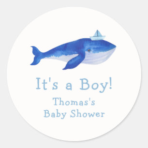 Pegatina Redonda Blue Modern Boy Under the Sea Whale Baby Shower