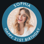 Pegatina Redonda Blue Modern Elegant Happy 21st Birthday Photo<br><div class="desc">Cute 21st Birthday Happy Birthday Photo pegatinas para la fiesta de cumpleaños de tu hijo o hija. Cuentan con un lindo texto y una imagen personalizables. Perfecto para invitaciones y golosinas de bolsos fiestas.</div>