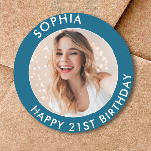 Pegatina Redonda Blue Modern Elegant Happy 21st Birthday Photo