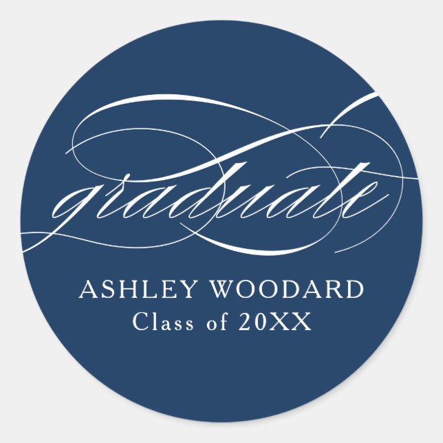 Pegatina Redonda Blue Modern Elegant Script Graduation (Anverso)