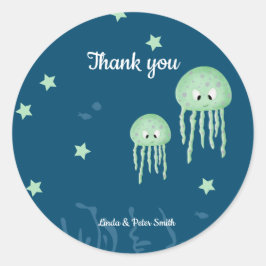 Pegatina Redonda Blue Neutral Under Sea Jellyfish Baby Shower