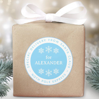 Pegatina Redonda Blue North Pole Special Delivery from Santa Name