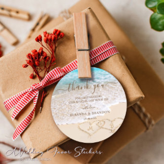 Pegatina Redonda Blue Ocean Waves Tropical Beach Wedding Gracias