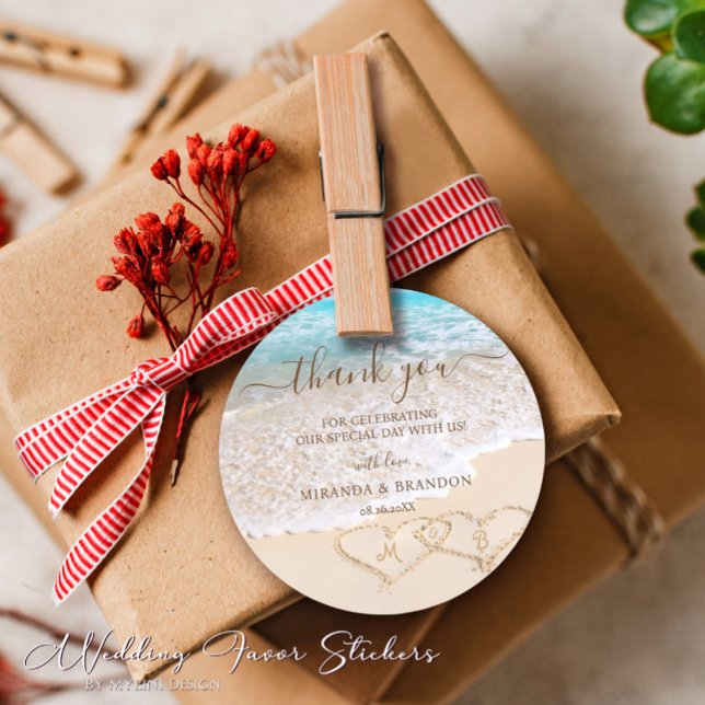 Pegatina Redonda Blue Ocean Waves Tropical Beach Wedding Gracias (Subido por el creador)