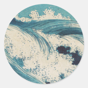 Pegatina Redonda Blue Ocean Waves Woodcut Japonés