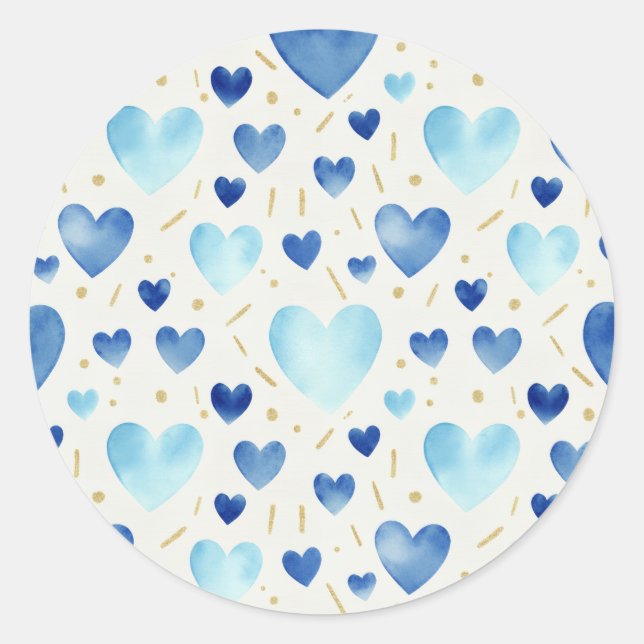 Pegatina Redonda Blue Ombre Watercolor & Gold Glitter Heart Pattern (Anverso)