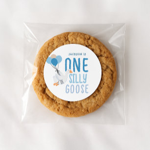 Pegatina Redonda Blue One Silly Goose Primer cumpleaños