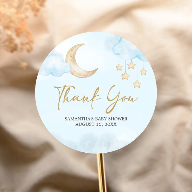 Pegatina Redonda Blue Over the Moon Baby Shower (Over the Moon Baby Shower Sticker)