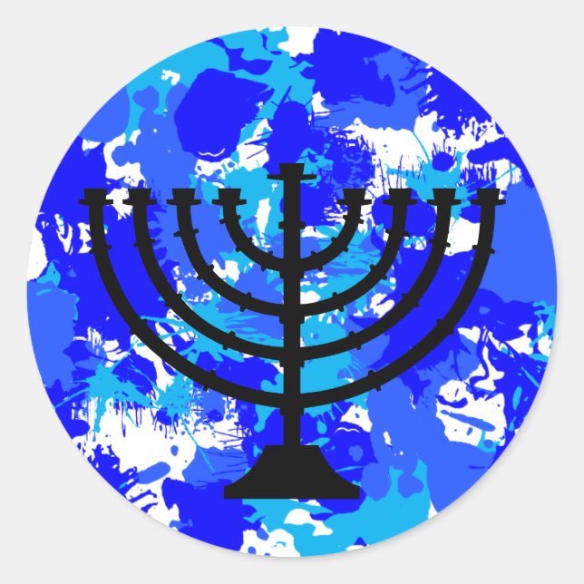 Pegatina Redonda Blue Paint Splatter Menorah (Anverso)