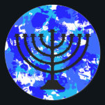 Pegatina Redonda Blue Paint Splatter Menorah<br><div class="desc">Pegatinas de la menorah con una mancha de pintura azul.</div>