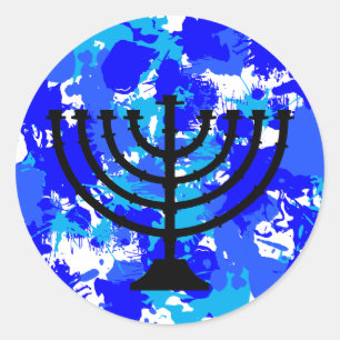 Pegatina Redonda Blue Paint Splatter Menorah